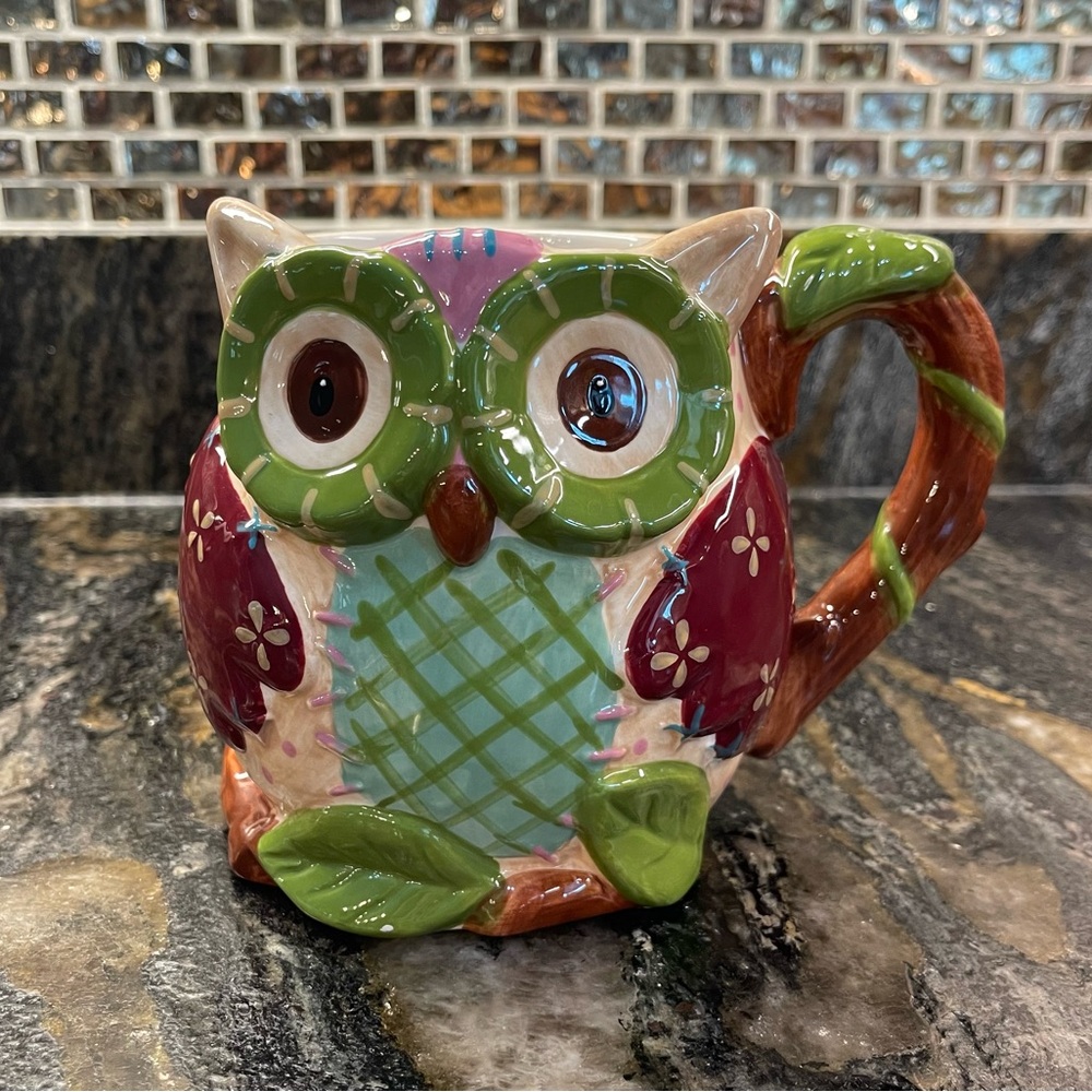 VTG Pier 1 Hand-Painted Olli the Owl Ceramic Mug/Planter - Green, Pink, Brown